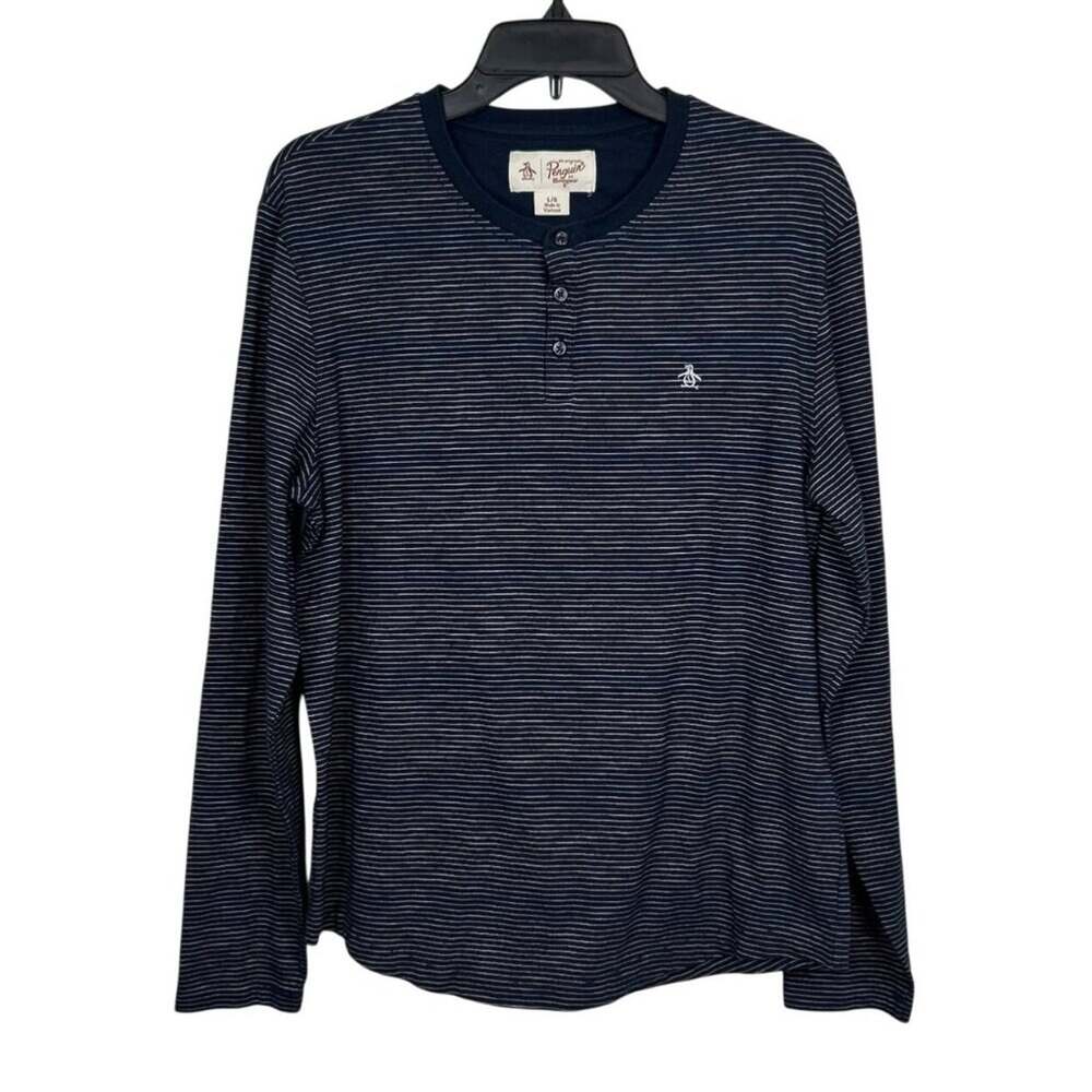 Original Penguin Striped Long Sleeve Henley Shirt Navy Blue Cotton Blend Mens Si